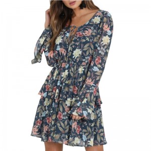 Bell sleeve for women fashion printing mini dress