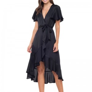 Women black double ruffle wrap long dress