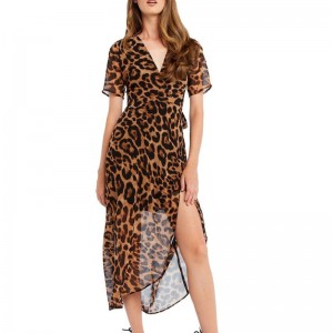 Hot sell lady fashion leopard print wrap long  dress