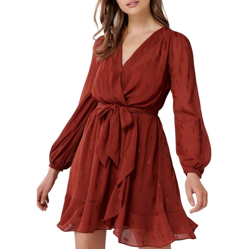 New arrived rust metallic skater long sleeves mini dress for women