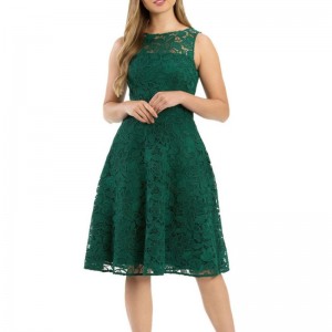 Lady fashion sleeveless green midi lace dress